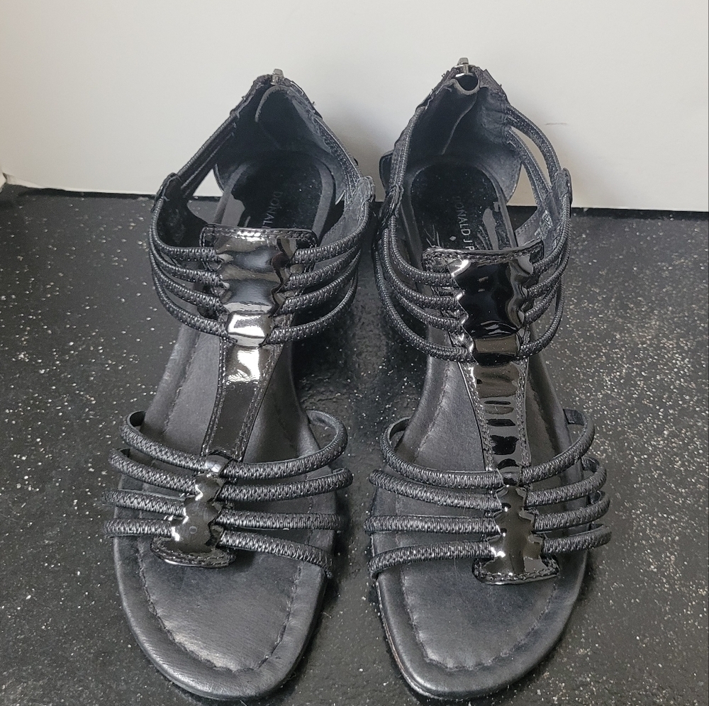 Donald J Pliner | Dexi Black Leather Gladiator Wedge Heels